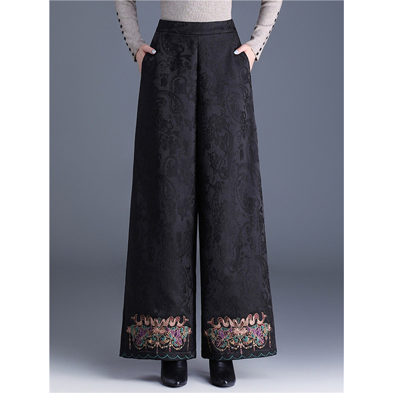 2025冬季新中式国风加绒加厚保暖长裤复古唐装绣花高腰阔腿裤靴裤