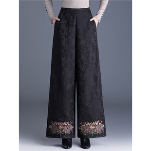 2025冬季新中式国风加绒加厚保暖长裤复古唐装绣花高腰阔腿裤靴裤