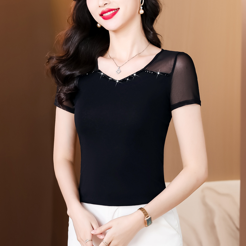 黑色V领蕾丝显瘦百搭上衣女2025夏季新款网纱短袖大码t恤洋气小衫