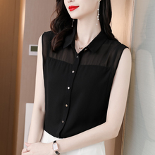 雪纺衫女短袖上衣2025夏季新款宽松黑色显瘦气质无袖衬衫露肩小衫