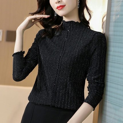 半高领蕾丝打底衫女士加绒洋气时尚内搭黑色小衫网纱长袖t恤上衣