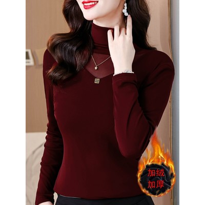 时尚打底衫女高领显瘦加绒纱衣大码网纱内搭春秋季高级感妈妈上衣