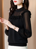 女内搭2026春季 洋气小衫 新款 雪纺衫 上衣 高级感长袖 黑色蕾丝打底衫