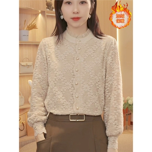 欧货加绒蕾丝木耳领打底衫2025秋冬新款针织毛衣时尚小众长袖上衣