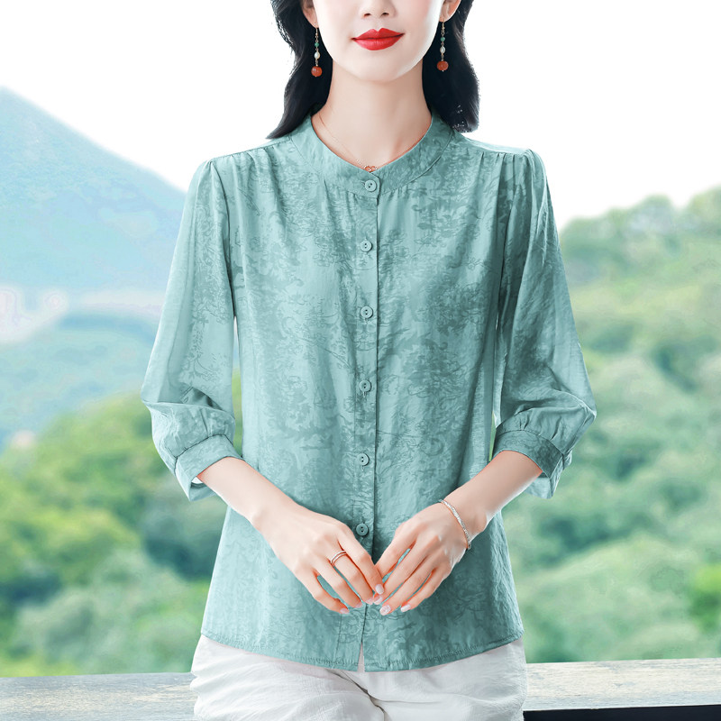 中年妈妈夏装圆领暗纹印花七分袖衬衫女夏天开衫中袖衬衣宽松上衣