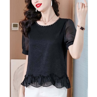 黑色醋酸缎面短袖衬衫女