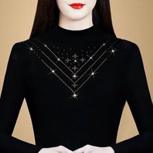 时尚洋气打底衫镶钻上衣秋冬季保暖半高领加厚修身百搭烫钻小衫