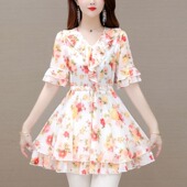 上衣抽绳T恤收腰荷叶边洋气小衫 漂亮碎花雪纺衫 女轻奢高级感夏装