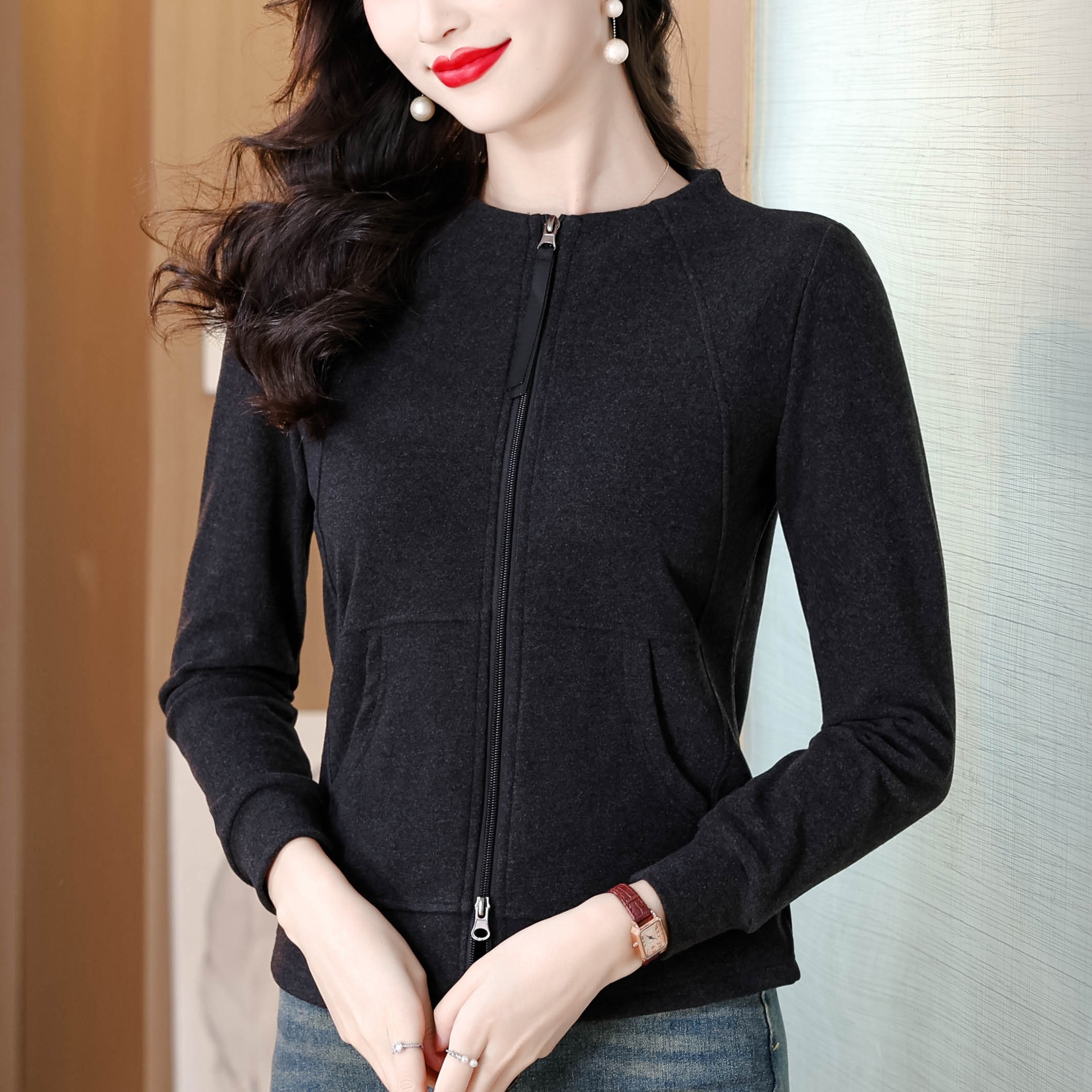 洋气内搭德绒打底衫女长袖T恤2025新款秋装修身开衫时尚减龄上衣