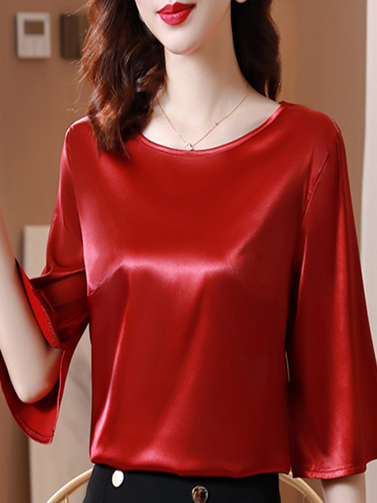 缎面圆领t恤气质七分袖