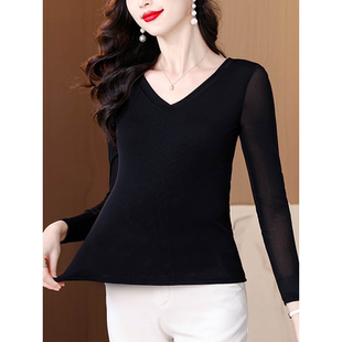 高端贵夫人网纱T恤女秋冬广州十三行义乌素订洋气内搭打底衫上衣