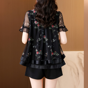女装 a字版 大码 女减龄短袖 上衣遮肚子两件套 碎花雪纺衫 贵夫人夏季