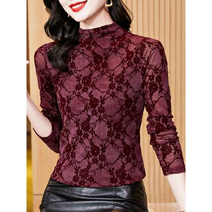 高端洋气植绒长袖T恤女秋季2026新款秋冬季半高领内搭打底衫上衣