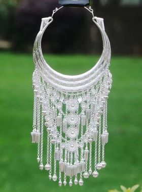 新款滇民族风特色白色苗银饰品原创夸张中国风长款流苏苗银项圈