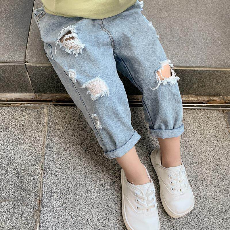 儿童夏季破洞牛仔裤春夏款男童裤子外穿宝宝宽松九分女童2026新款