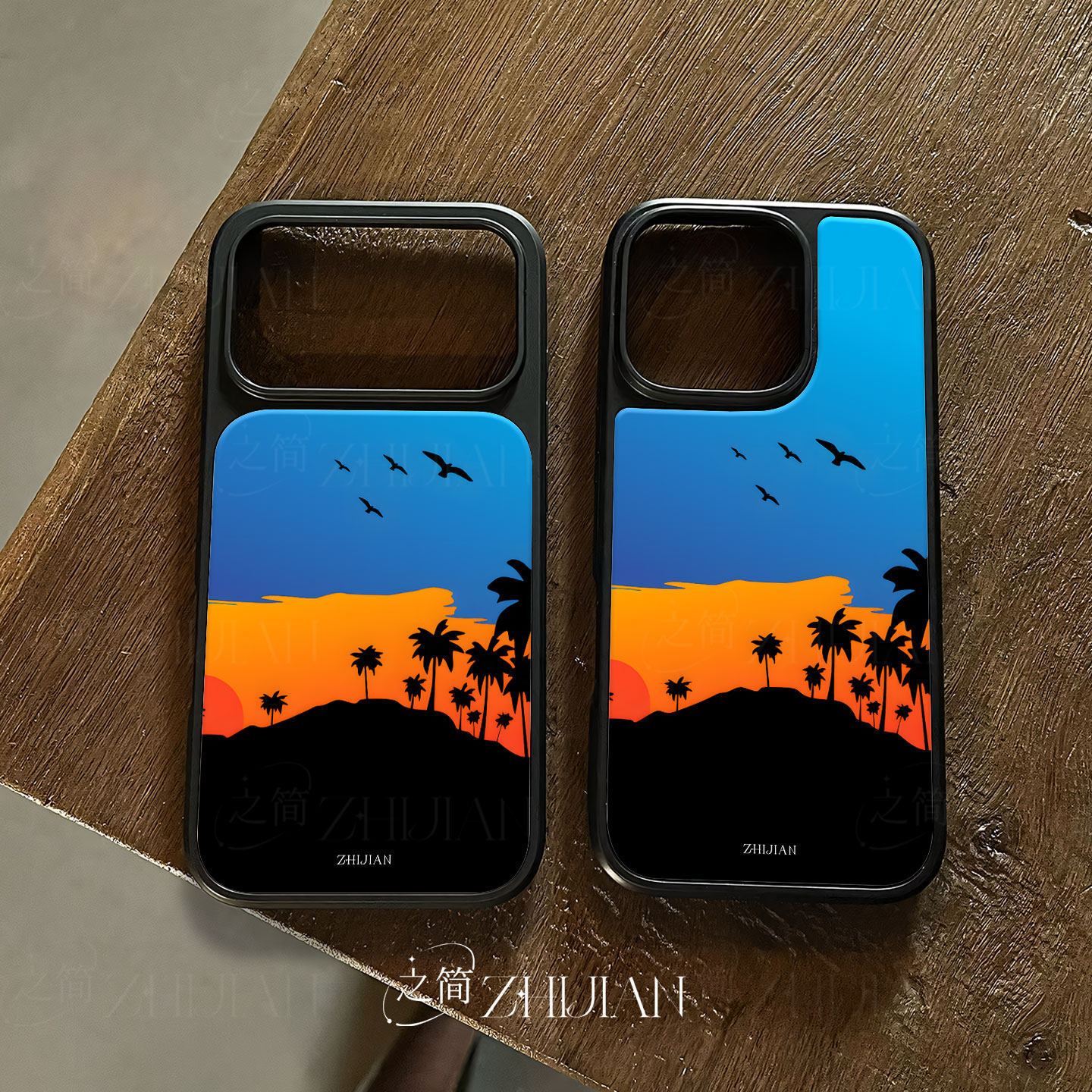 之简ZHIJIAN《椰林日落》电镀玻璃磨砂手机壳新款小众不撞壳适用苹果17promax华为MATE70PROPLUS华为PURA80PR