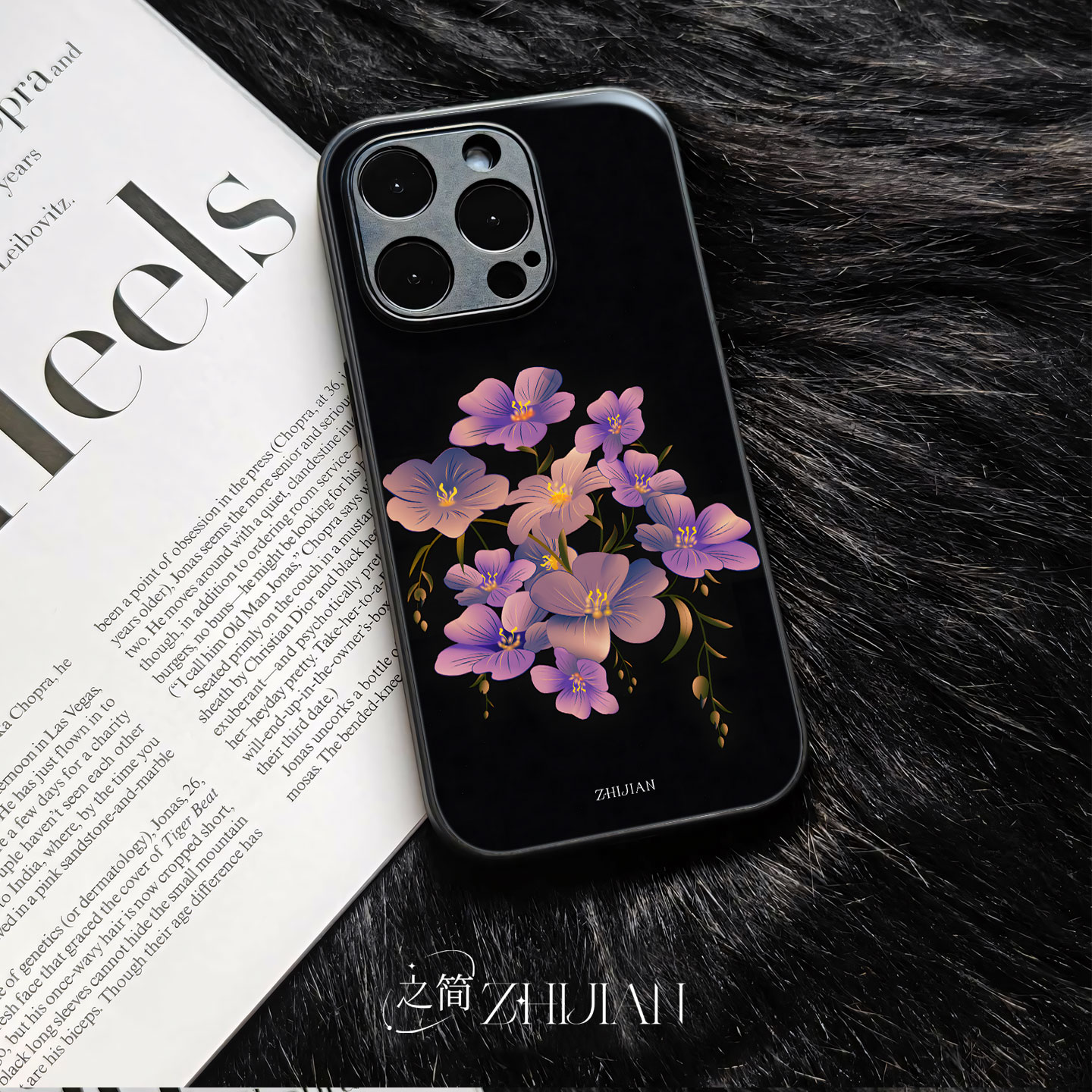 之简ZHIJIAN《暗夜紫花》玻璃亮面磨砂手机壳新款小众不撞壳适用苹果17promaxVIVOX300PRO小米14PRO三星S25UL