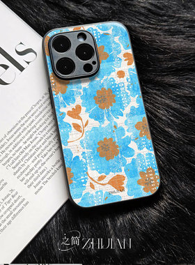 之简ZHIJIAN《蓝底橙花》玻璃亮面磨砂手机壳新款小众不撞壳适用苹果17promaxNOVA14PRONOVA12PROIQOOZ9X