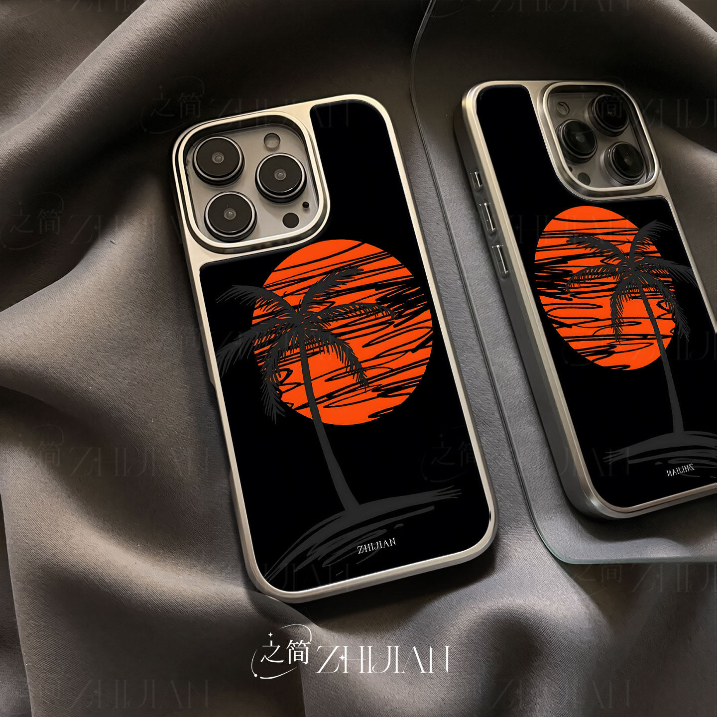 之简ZHIJIAN《椰影落日》电镀玻璃磨砂手机壳新款小众不撞壳适用苹果17promax华为PURA80PROPLUS华为MATE60PR