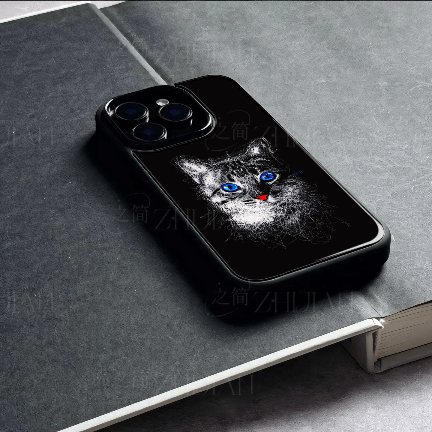 手绘蓝眼猫咪磁吸磨砂黑框玻璃手机壳适用苹果iphone17promax华为FINDX9PRO三星S25ULTRA荣耀300至尊小米CIVI