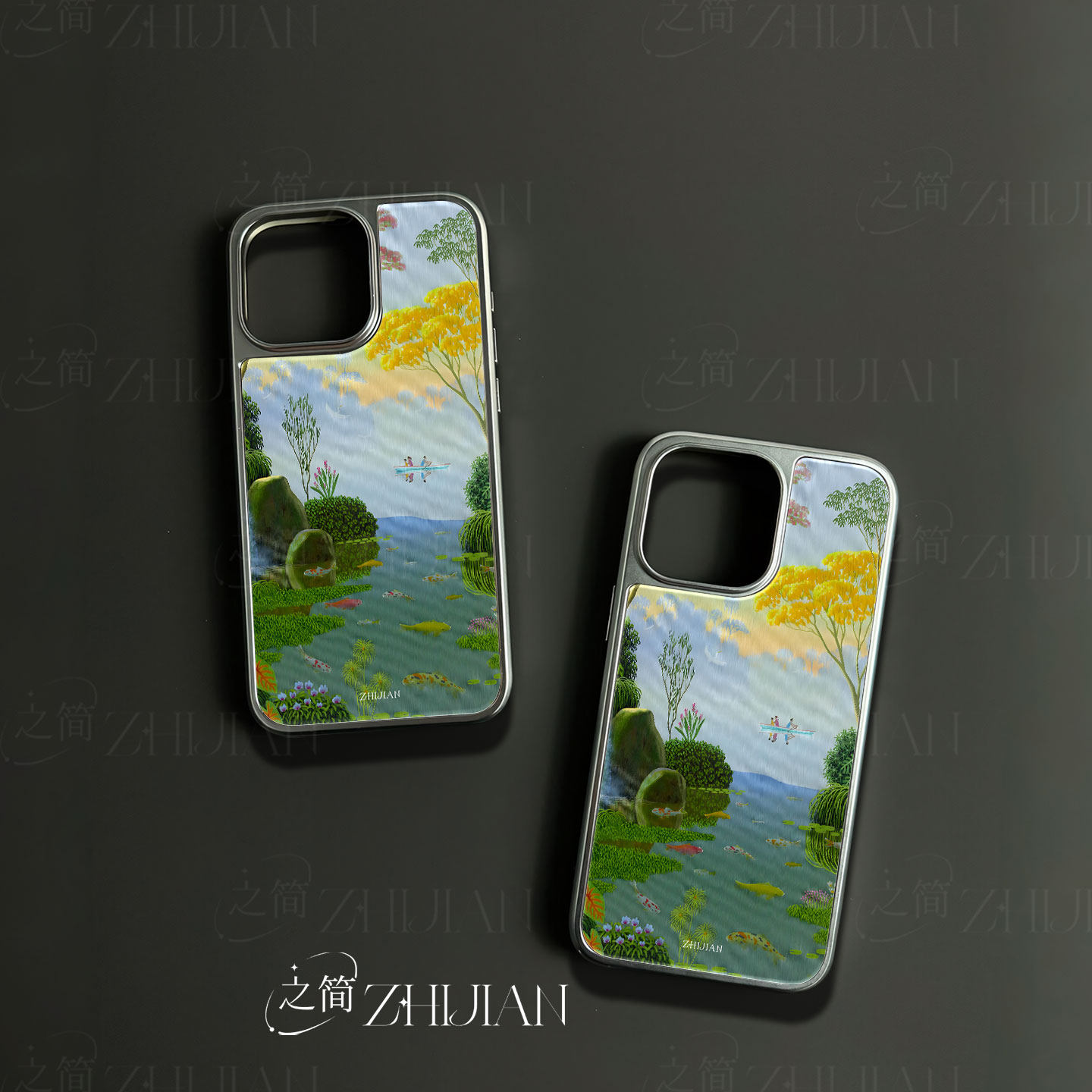 之简ZHIJIAN《春湖锦鲤》电镀玻璃磨砂手机壳新款小众不撞壳适用苹果17promax小米15PRO华为PURA70PROPLUS华
