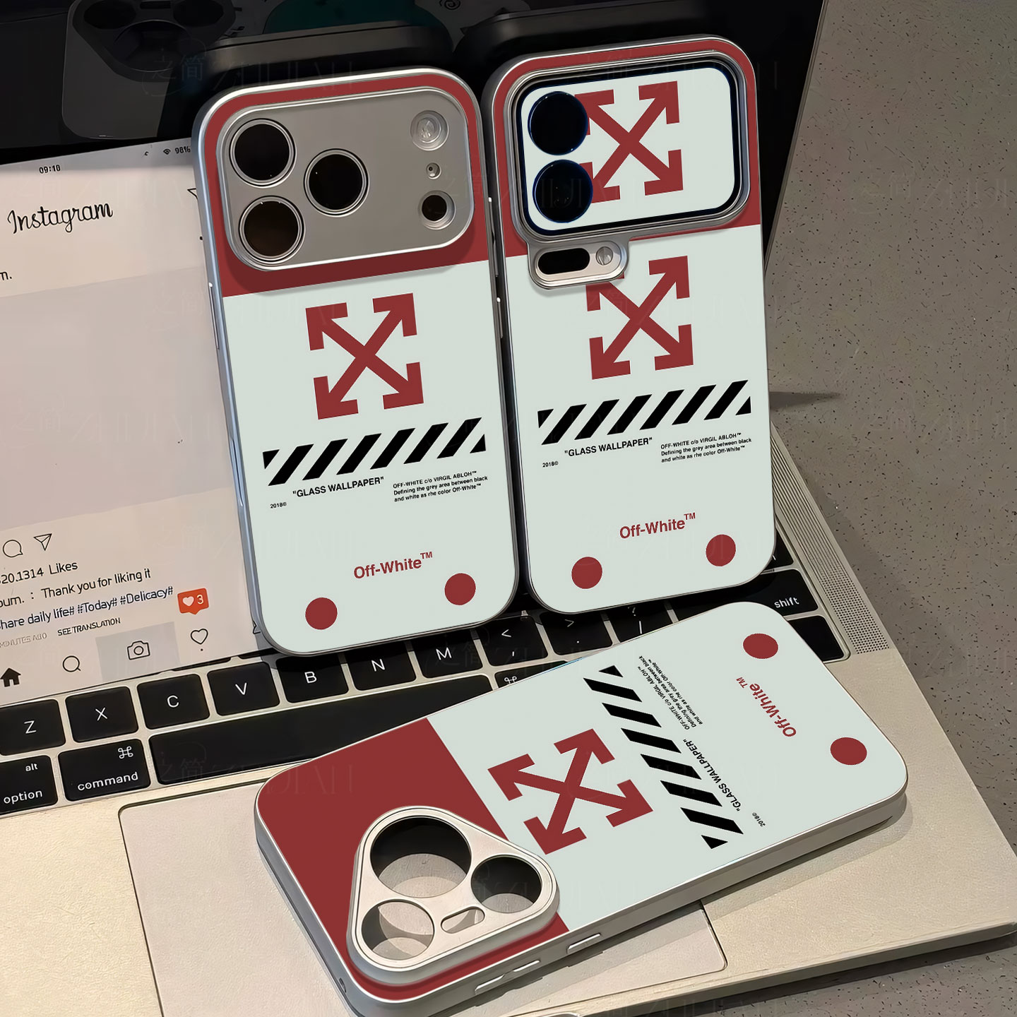 OffWhite磁吸磨砂黑框电镀玻璃手机壳适用苹果iphone17promax华为红米NOTE15PROPLUSIQOO15NOVA10PRO1加ACE3V图片