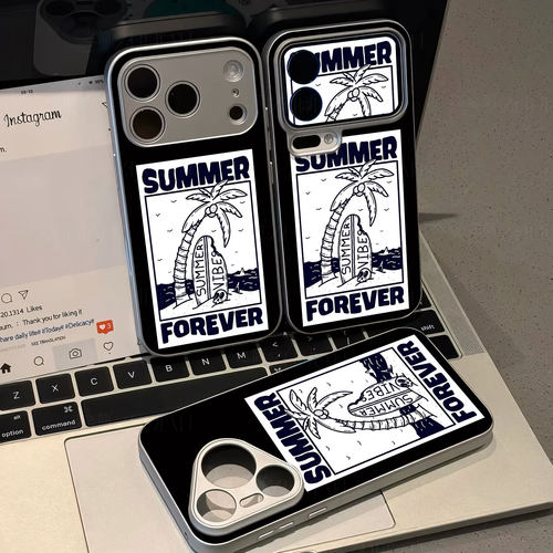 夏日海滩磁吸磨砂黑框电镀玻璃手机壳适用苹果iphone17promax华为MATE30PRO荣耀100PROOPPORENO15PRO荣耀70PR