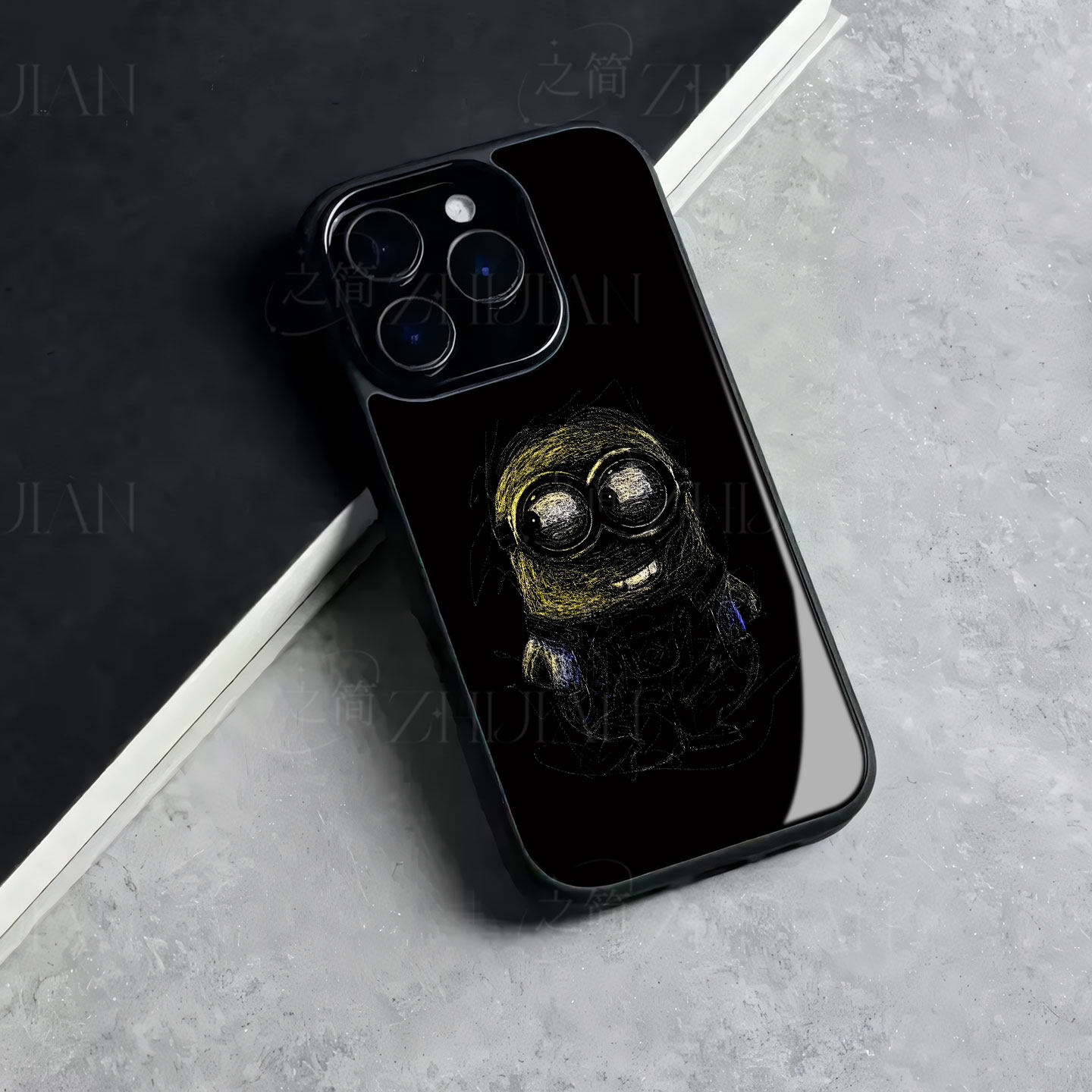 小黄人手绘磁吸磨砂黑框玻璃手机壳适用苹果iphone17promax华为荣耀300PRO红米K90PROMAXIQOO13真我GT8PRO