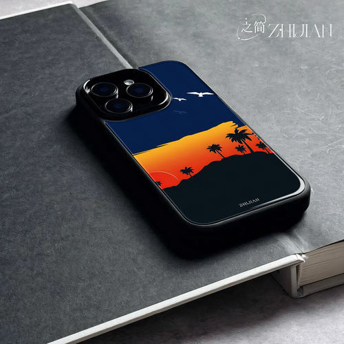 之简ZHIJIAN《椰岛夕阳》玻璃亮面磨砂手机壳新款小众不撞壳适用苹果17promax小米14至尊OPPOK12X红米NOTE14P