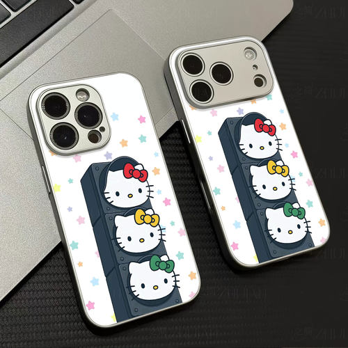凯蒂猫红绿灯磁吸磨砂黑框电镀玻璃手机壳适用苹果iphone17promax华为VIVOS18ENOVA9SE1加TURBO6PURA80PRO