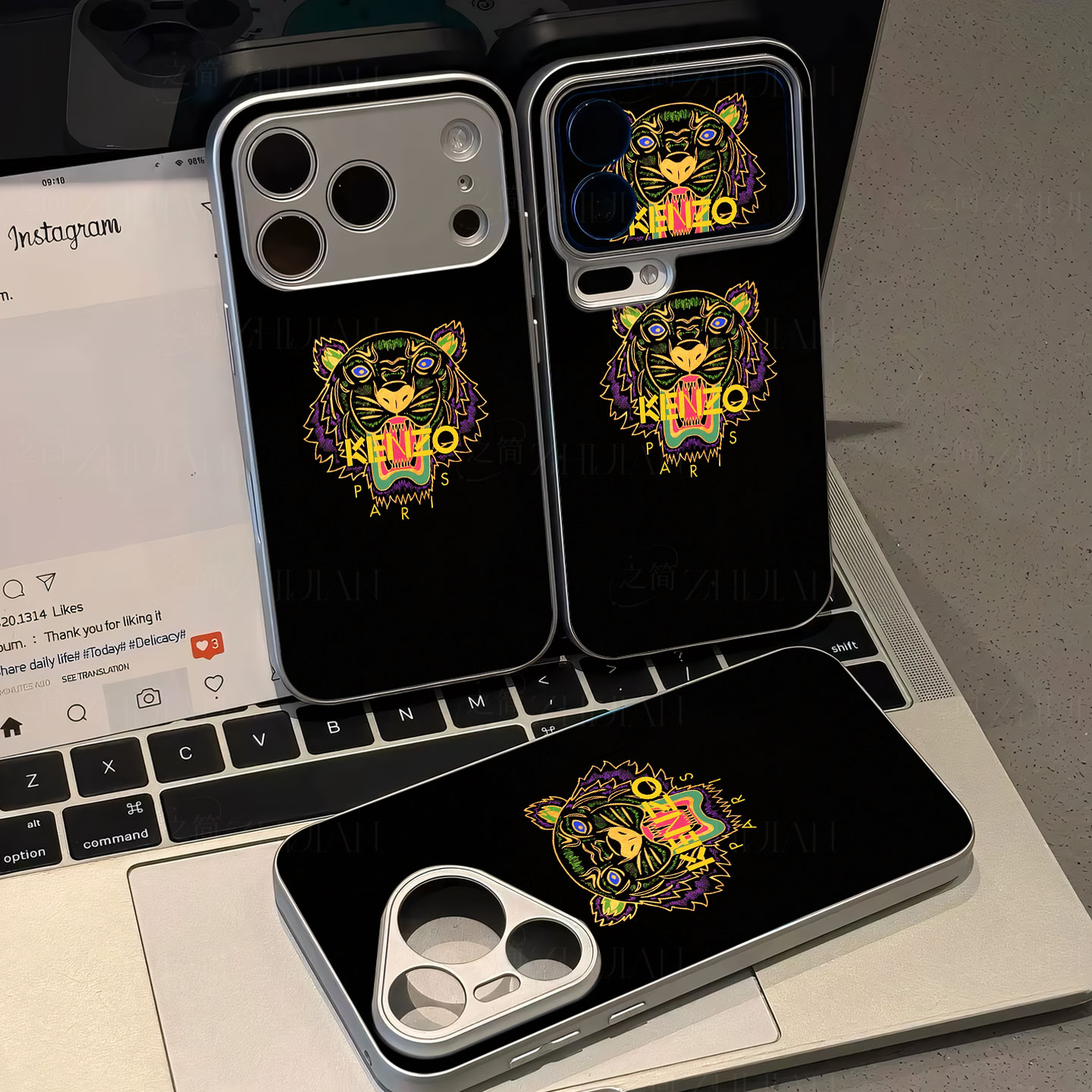 KENZO虎头标磁吸磨砂黑框电镀玻璃手机壳适用苹果iphone17promax华为红米K70E畅享90PLUSVIVOX300SVIVOX60PRO