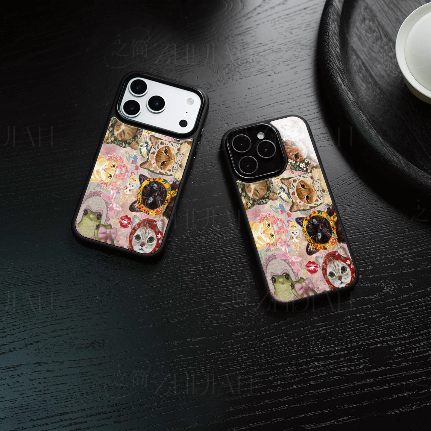 可爱猫咪拼贴磁吸磨砂黑框电镀玻璃手机壳适用苹果iphone17promax华为VIVOX200S红米TURBO5MAX小米14ULTRAVIV