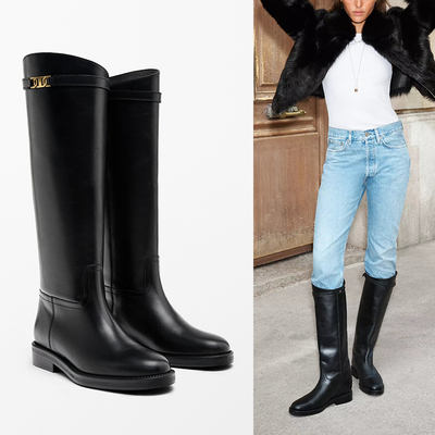 西班牙MD原单女鞋马术风皮革长靴黑色高筒骑士单靴简约套筒不过膝