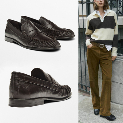 西班牙MD原单女鞋棕色压纹皮革乐福鞋真皮褶皱一脚蹬职业通勤平底