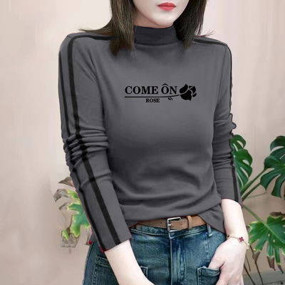 加厚德绒长袖t恤女2025新款秋冬季时尚洋气拼条半高领打底衫女士