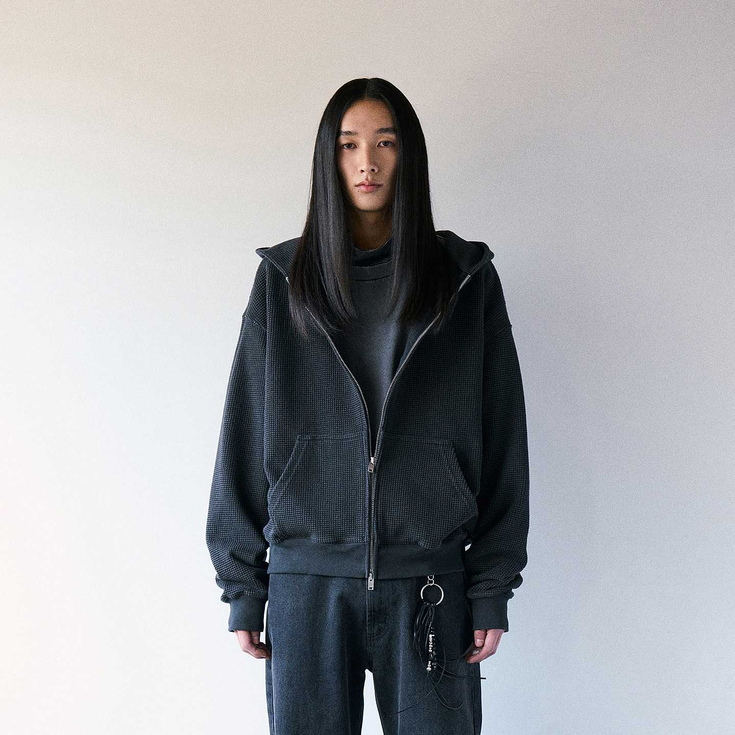 双向拉链华夫格连帽卫衣 韩国正品 PARTIMENTO 水洗复古落肩外套