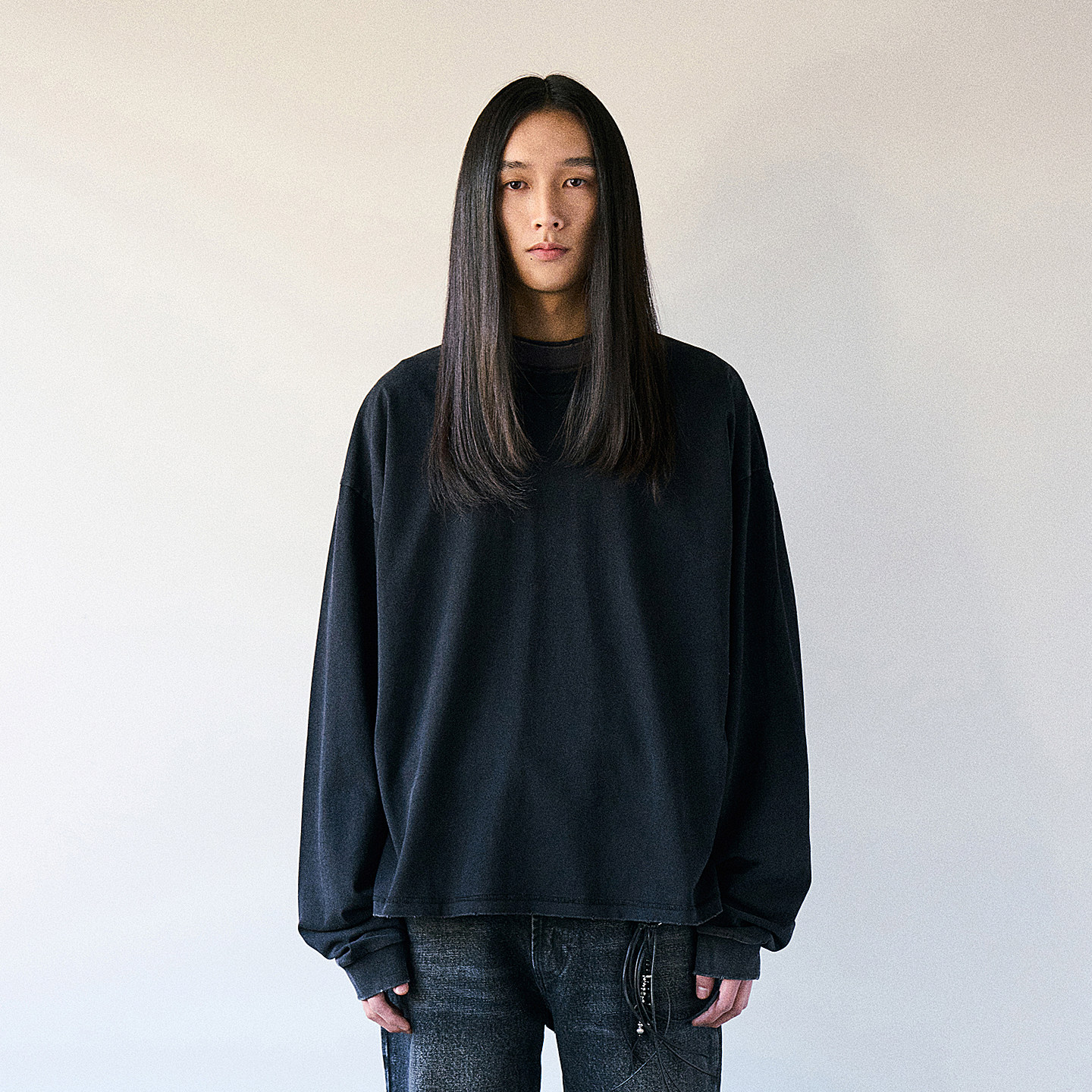 水洗做旧宽松长袖T恤 韩国正品 PARTIMENTO 短款毛边设计打底上衣