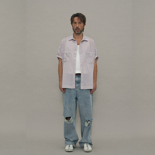 李永钦同款 韩国正品 PARTIMENTO 纯棉休闲宽松卷袖格子短袖衬衫