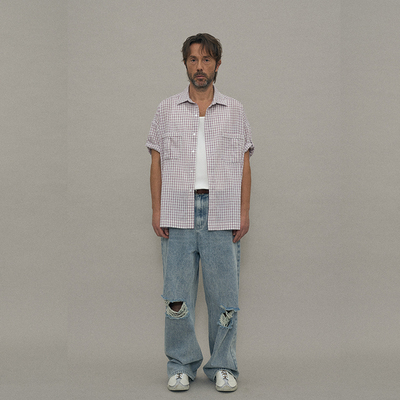 纯棉休闲宽松卷袖格子短袖衬衫