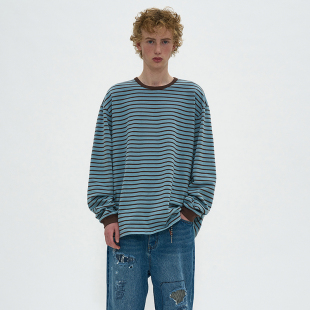 PARTIMENTO 经典 韩国正品 上衣 落肩圆领休闲百搭T恤 复古条纹长袖