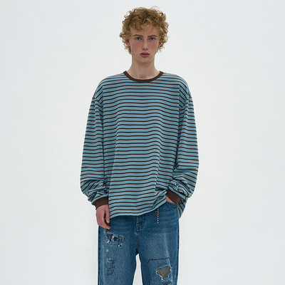 经典复古条纹长袖落肩圆领T恤