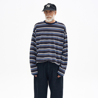 复古条纹圆领袖口收紧长袖T恤