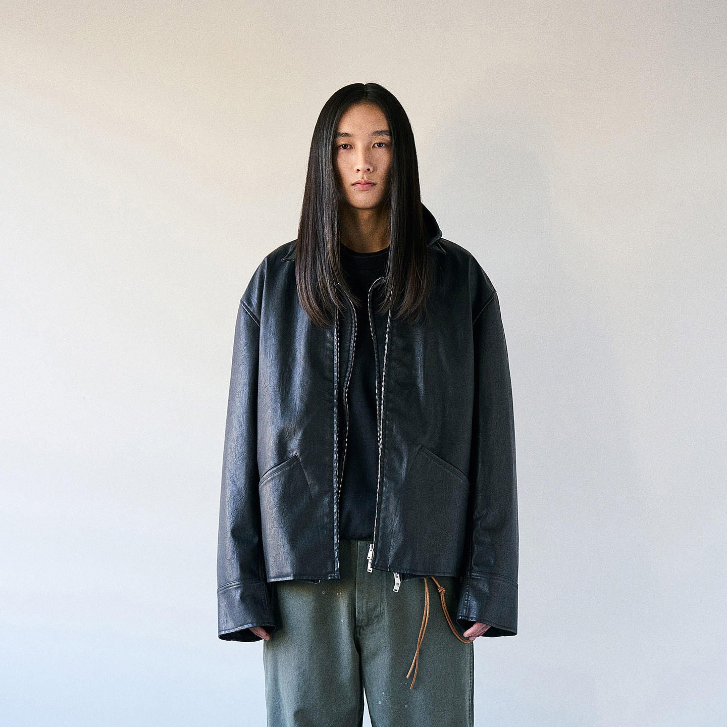 复古水洗宽松廓形皮衣 韩国正品PARTIMENTO 腰部可调节双拉链夹克