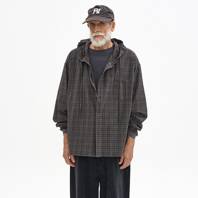 美式复古格纹连帽抽绳长袖衬衫