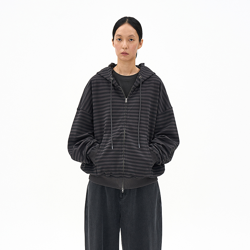 落肩袖双拉链连帽开衫条纹卫衣