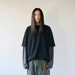 PARTIMENTO 韩国正品 复古做旧水洗上衣 T恤 华夫纹叠层假两件长袖