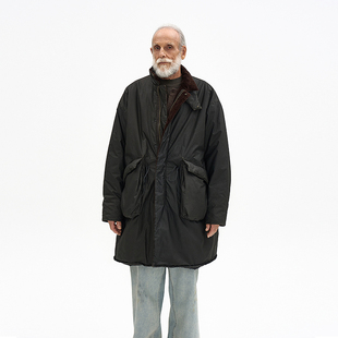 灯芯绒拼色领中长款棉衣 韩国正品PARTIMENTO 双拉链轻盈保暖外套