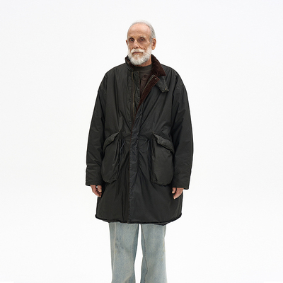 灯芯绒拼色领中长款棉衣