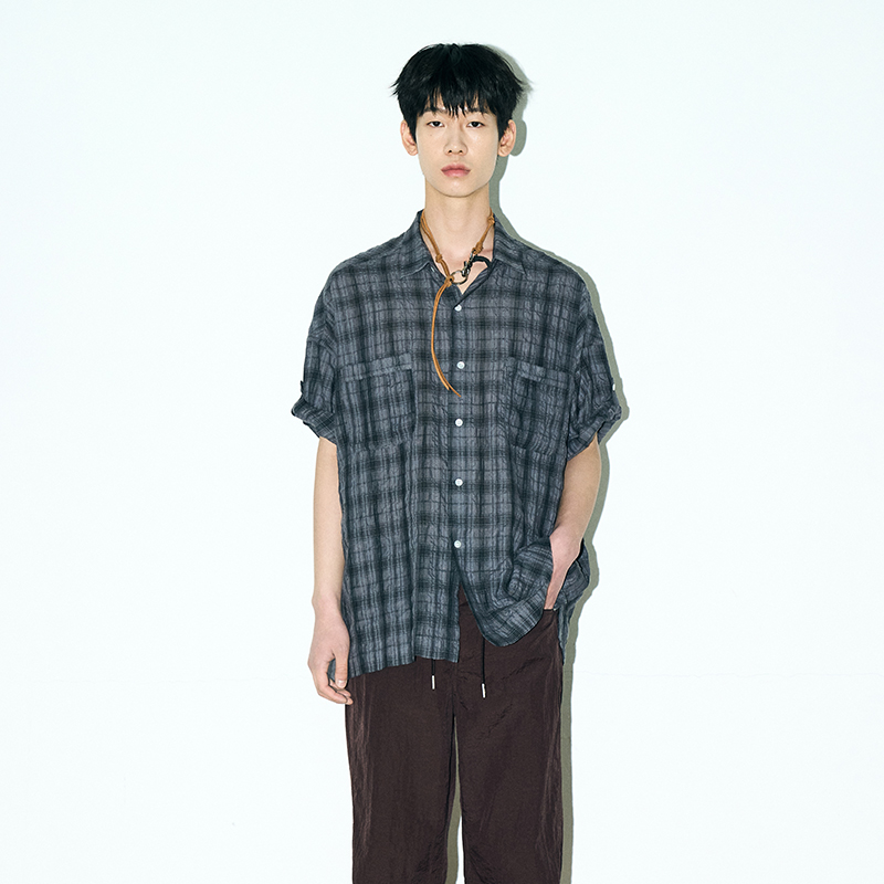小众褶皱格子复古休闲短袖衬衫