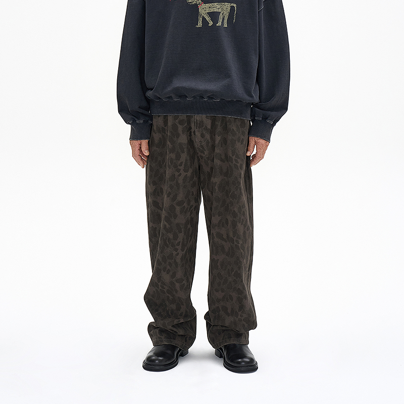 美式复古豹纹松弛感直筒休闲裤